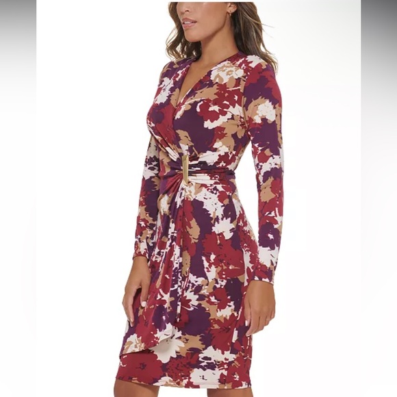 NWOT Calvin Kleins Sz 22 Women’s Floral Gold Stone Faux-Wrap Midi Dress Ret $139 - Picture 3 of 15